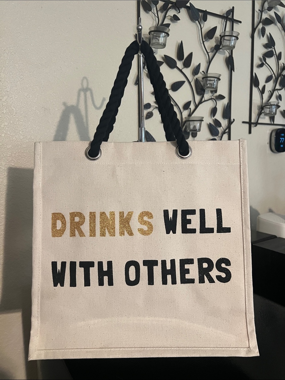 Canvas Wine Tote Bag - "Drinks Well With Others" - Black & Gold